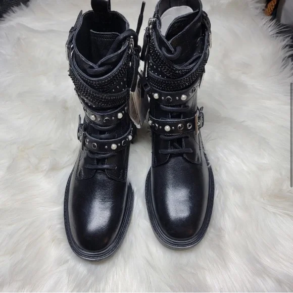 NWT, Zara Lace-up Moto Combat Boots, Size 6 - Picture 2 of 5